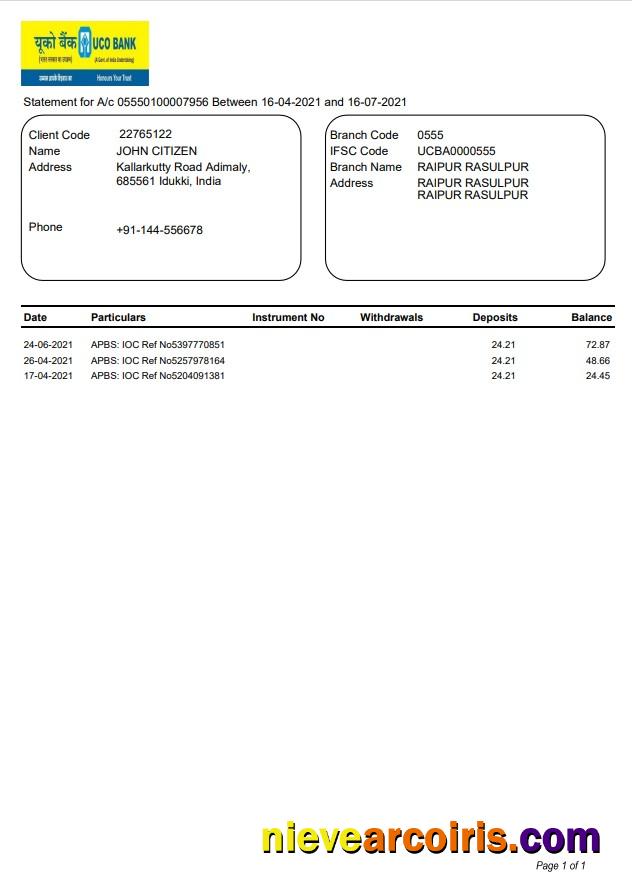 India Uco Bank statement